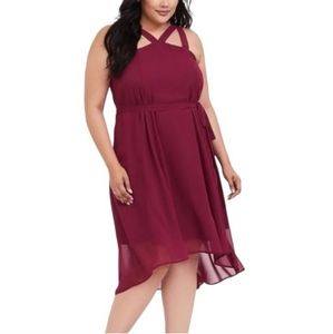 Torrid Strappy Empire Dress 00 10 Red Sheer Chiffon Overlay‎ Lined Midi Romantic
